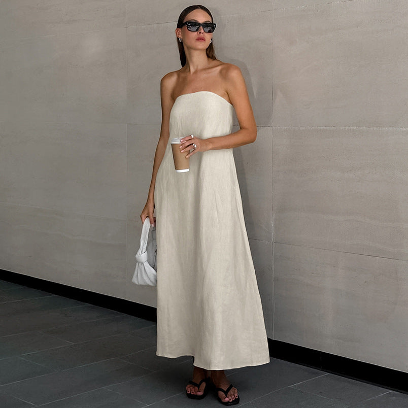 Khaki Cotton Linen Off-Shoulder Tube Dress for Vacation with High Waist Design