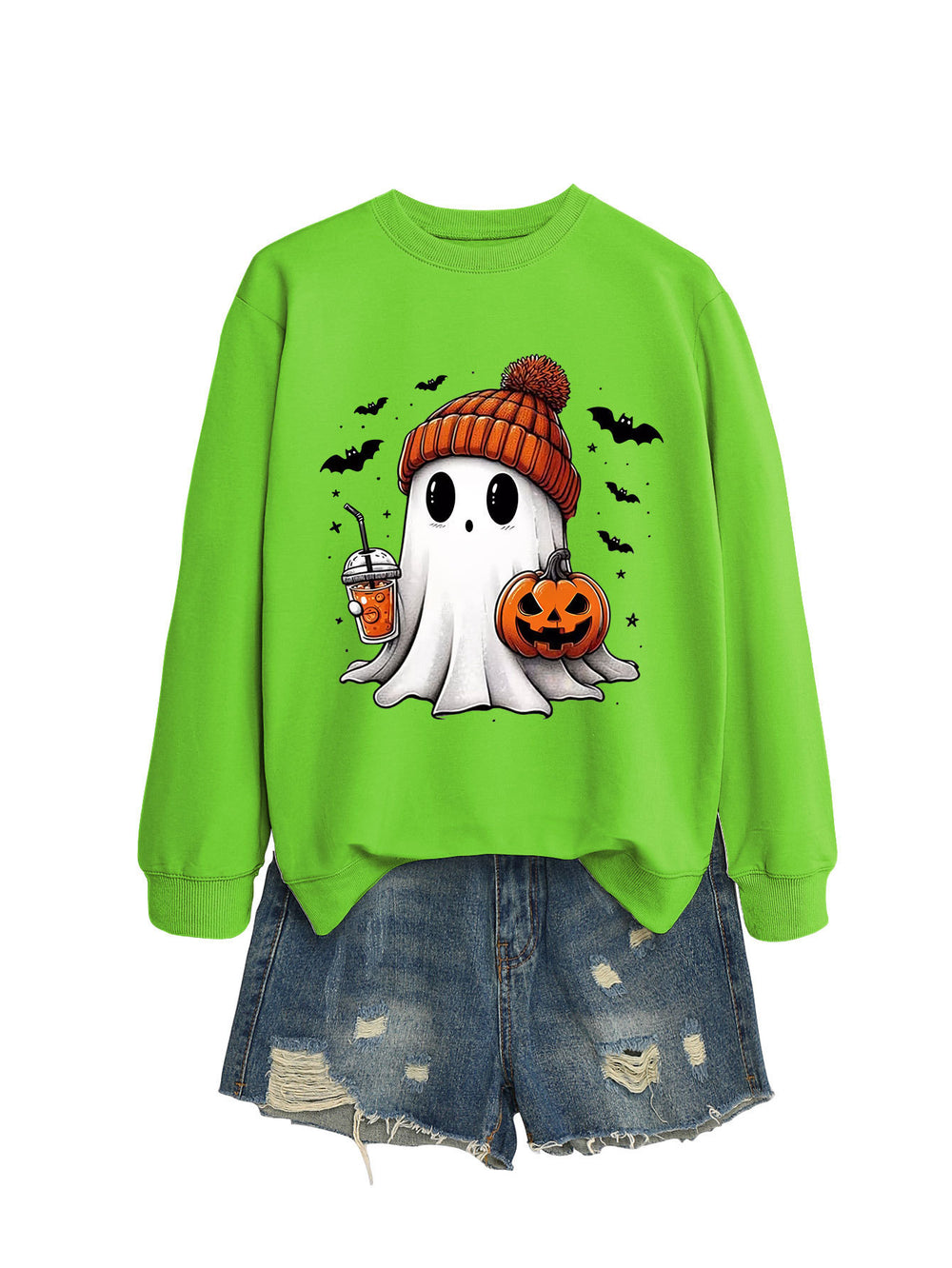 Cozy Long Sleeve Pumpkin Bat Print Crew Neck Sweatshirt in Multiple Colors