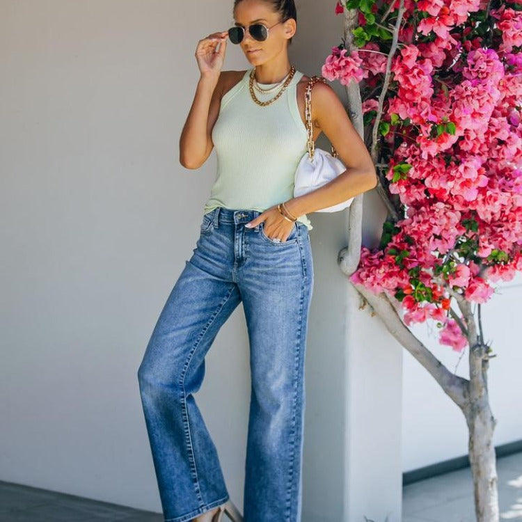 Women's High Waist Blue Straight Leg Denim Trousers