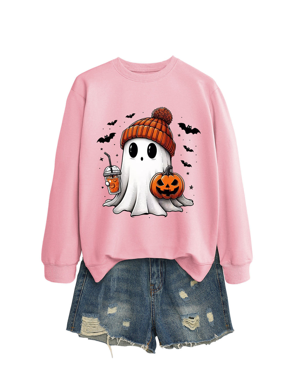 Cozy Long Sleeve Pumpkin Bat Print Crew Neck Sweatshirt in Multiple Colors