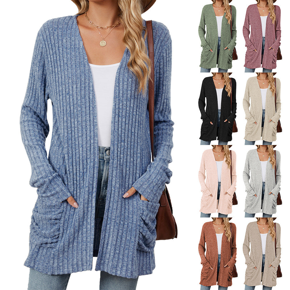 Versatile Solid Color Long Sleeve Pocket Cardigan Knitwear