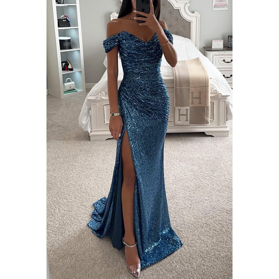 Shimmering Off-Shoulder Party Dress - Elegant Sequined Gown