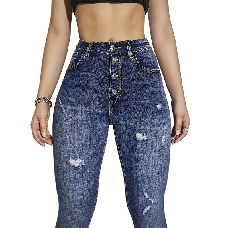 High-Waisted Ripped Denim Pencil Jeans for Women