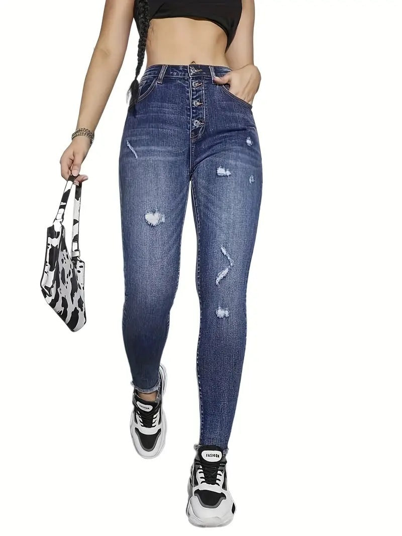 High-Waisted Ripped Denim Pencil Jeans for Women