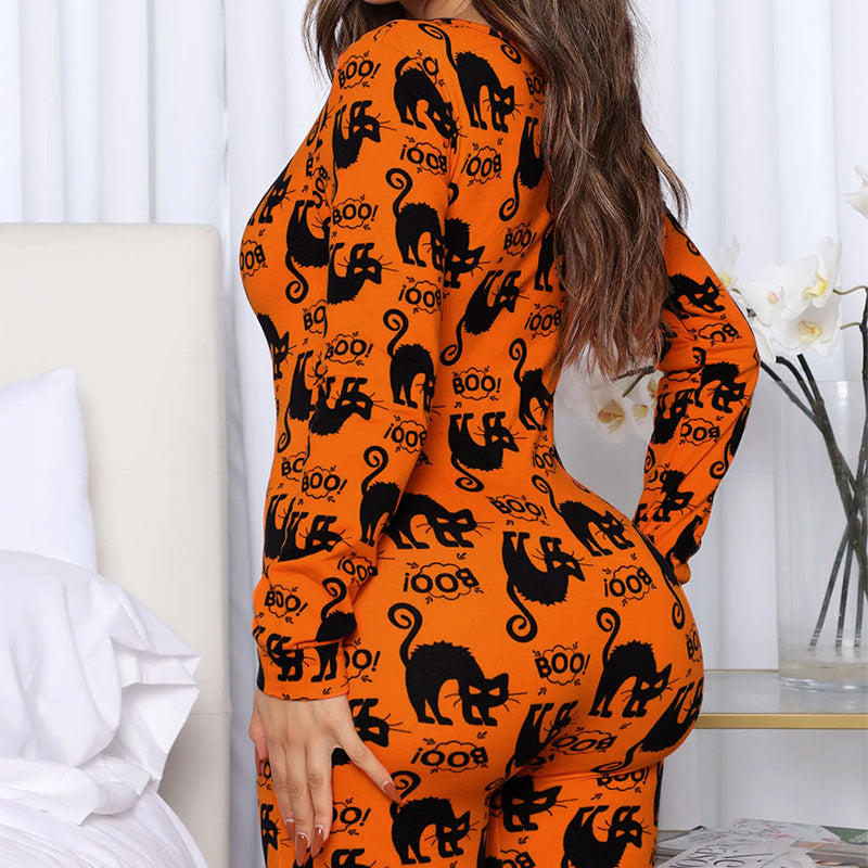 Halloween Themed Long Sleeve Jumpsuit - Women's Casual Pajama Set with Trousers