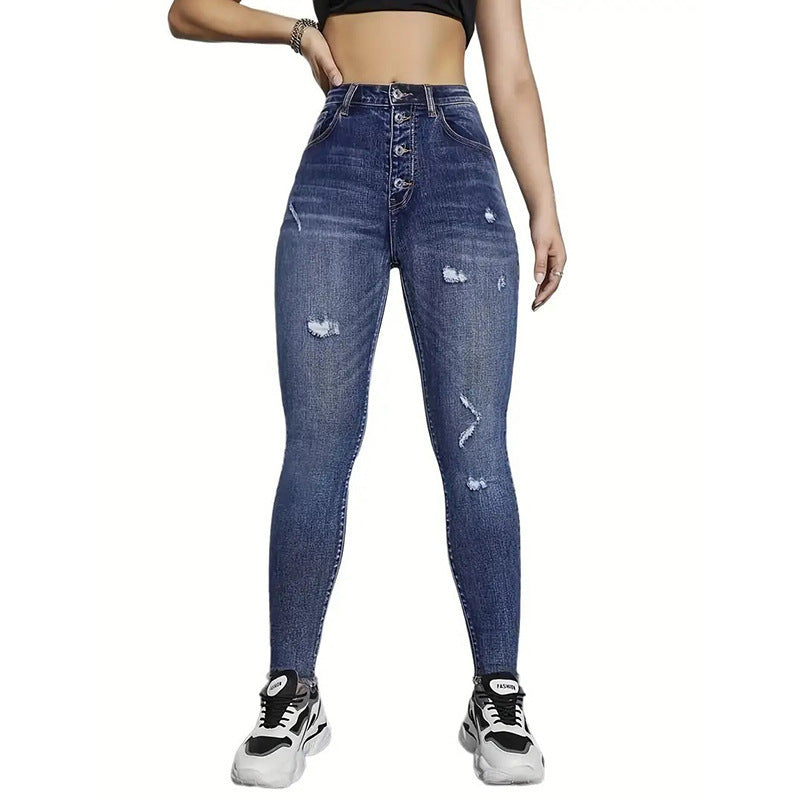 High-Waisted Ripped Denim Pencil Jeans for Women