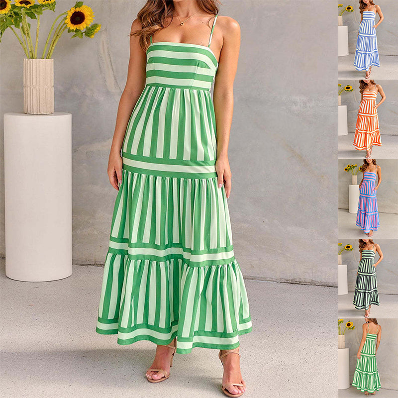 Chic Summer Striped Suspender Dress with Pockets - Stylish Backless Square Neck Dress for Women’s Beach Vacations