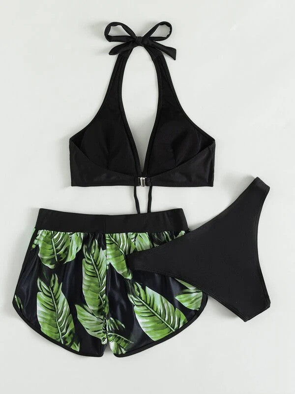 Tropical Paradise Bikini Set with Matching Shorts for Women's Summer Swimwear