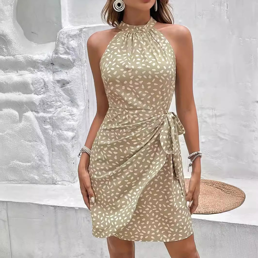 Shivering Dots Halterneck Summer Dress for Women - Chic Floral Print and Waist Tie