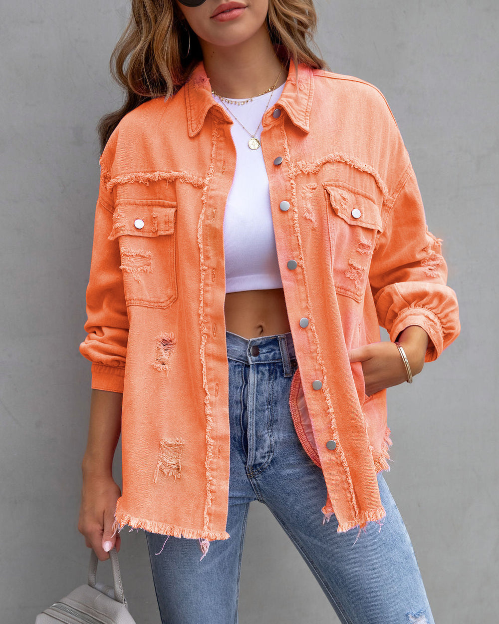 Stylish Ripped Button-Up Jacket for Women - Casual Spring and Autumn Tops