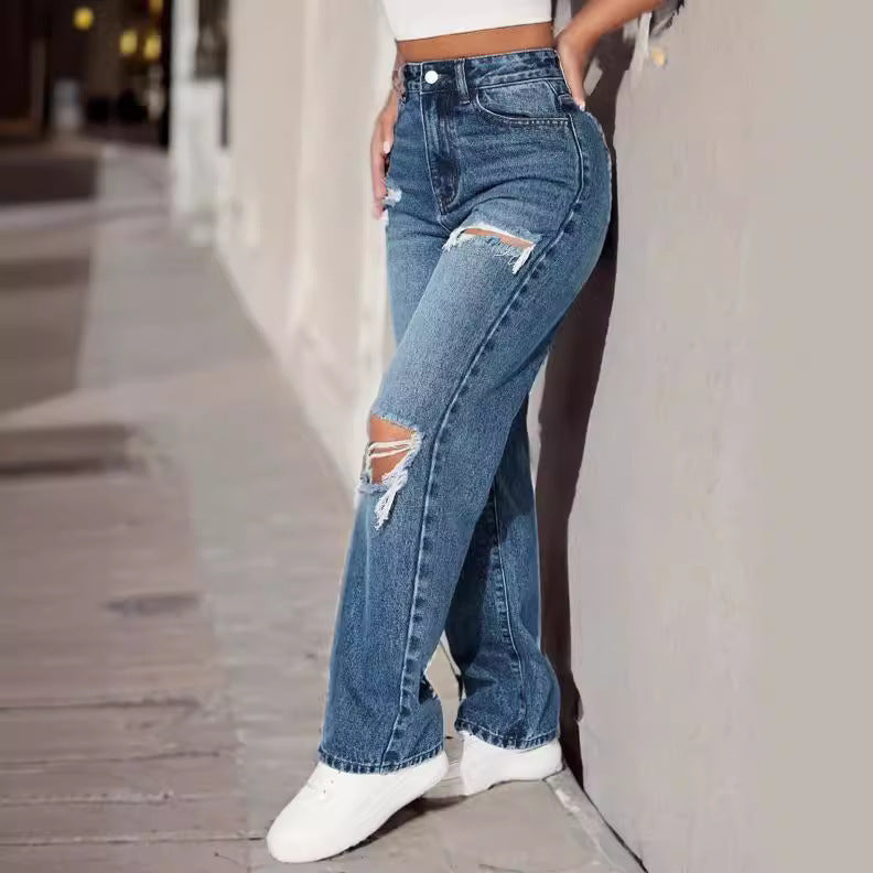 Jeans alla moda a vita alta con strappi e gamba dritta per le donne