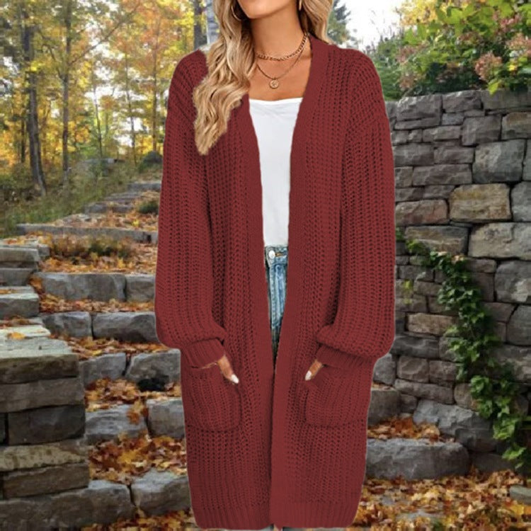 Loose-Fitting Lantern Sleeve Cardigan with Pockets for Women - Mid-Length Autumn/Winter Coat in Multiple Colors