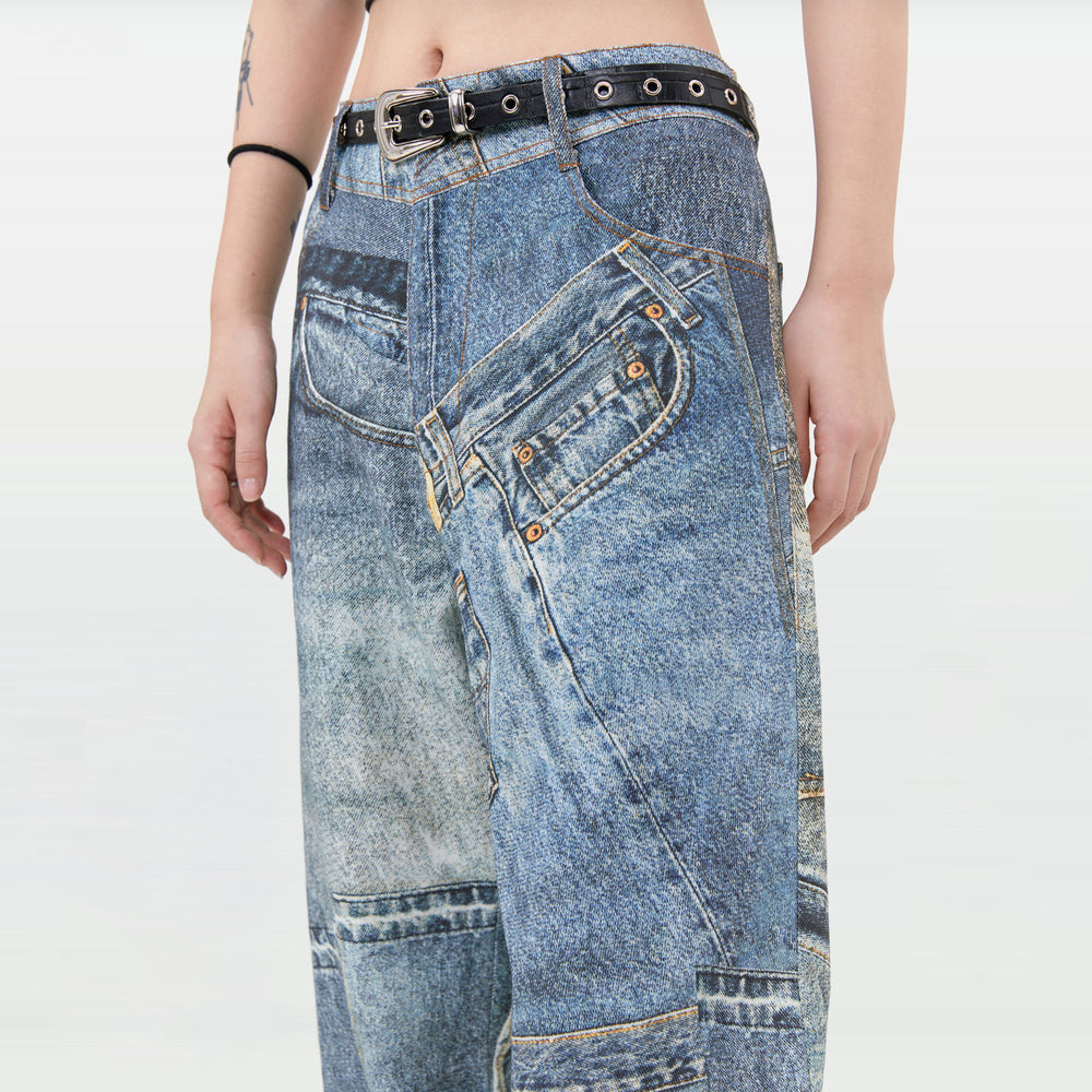 Youthful Blue Denim Casual Trousers with Digital Print