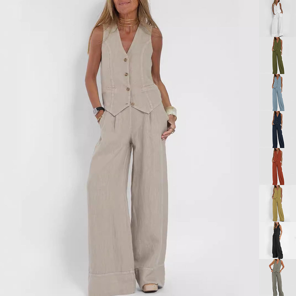 Completo estivo chic con gilet senza maniche con scollo a V e pantaloni larghi per donna