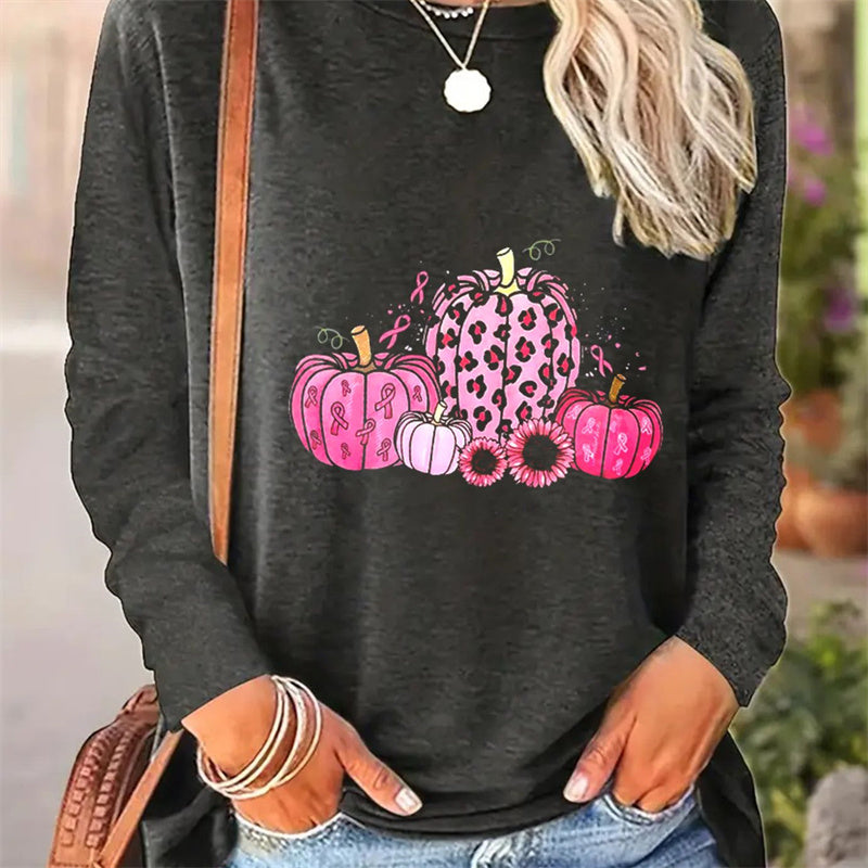 Casual Printed Round Neck Long Sleeve T-shirt for Women - Spring and Autumn Style