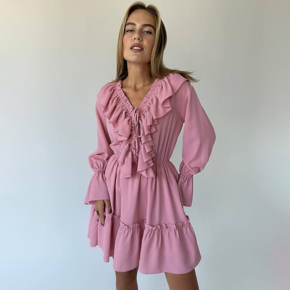 Chic V Neck Ruffled Long Sleeve Dress with Flared Sleeves - Y2K Style Women's Fashion