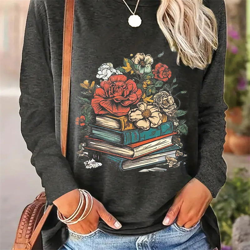 Casual Printed Round Neck Long Sleeve T-shirt for Women in Spring and Autumn