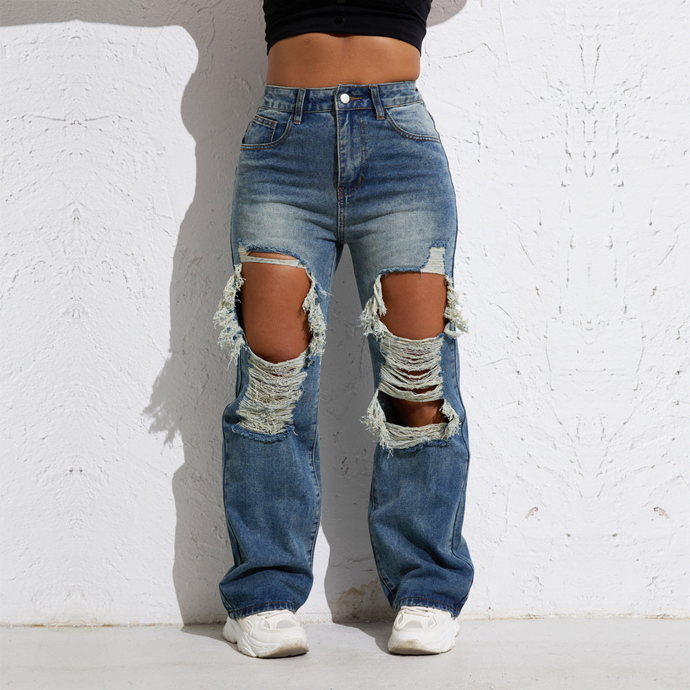 Women’s Retro Blue Wash Ripped Straight Leg Denim Jeans - Shascullfites Wide Streetwear Pants