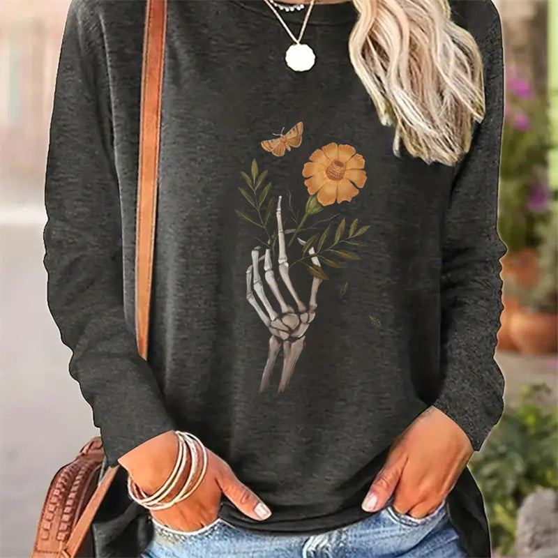 Lässiges Langarm-T-Shirt mit Rundhalsausschnitt und einfachem Frühlings- und Herbst-Print für Damen 