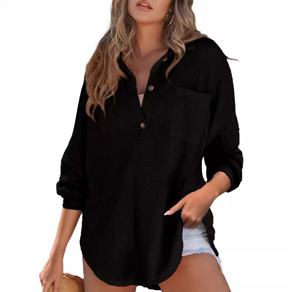 Cozy Women's Loose-Fit Waffle Knit Long Sleeve Pullover Top