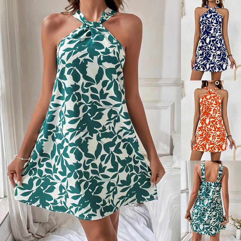 Leafy Charm Halter Dress - Perfect for Your Beach Getaway!