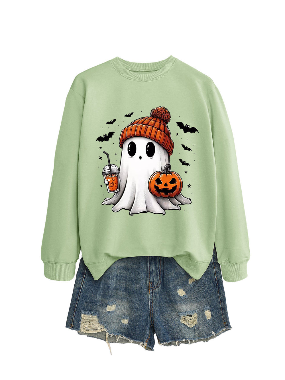 Cozy Long Sleeve Pumpkin Bat Print Crew Neck Sweatshirt in Multiple Colors