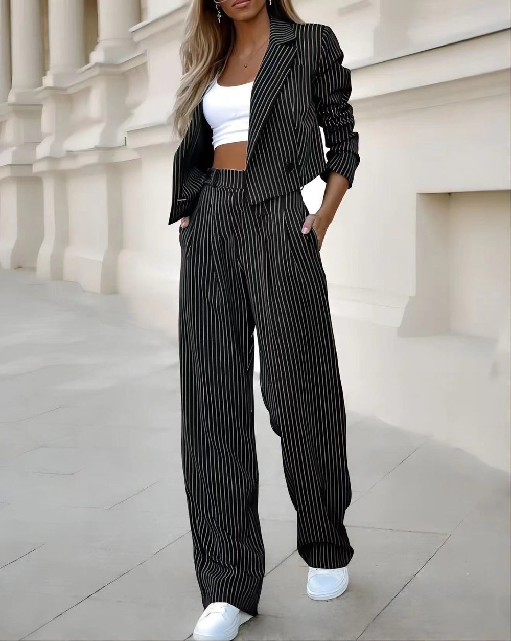 Chic Striped Two-Piece Set with Cropped Blazer and Tailored Pants for Women