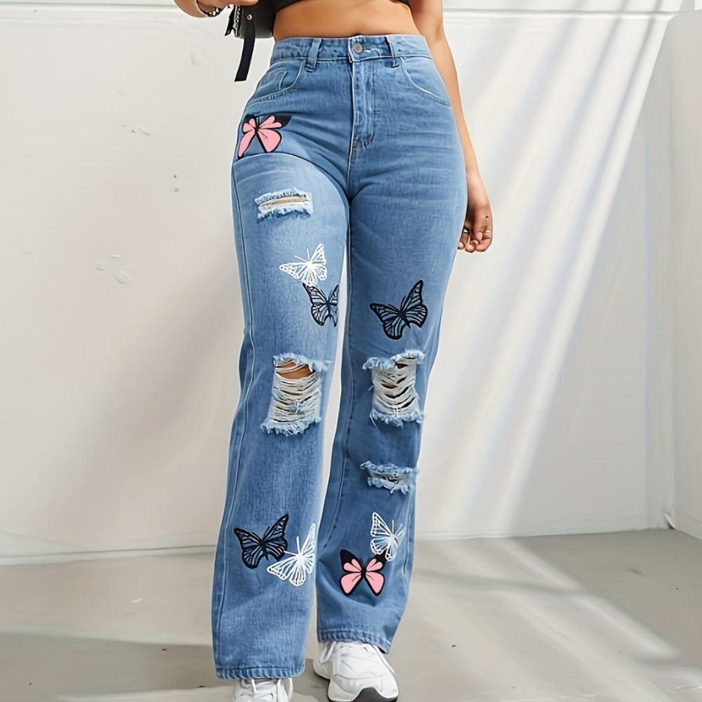 Trendy High-Waisted Butterfly Print Distressed Straight Leg Jeans for Women