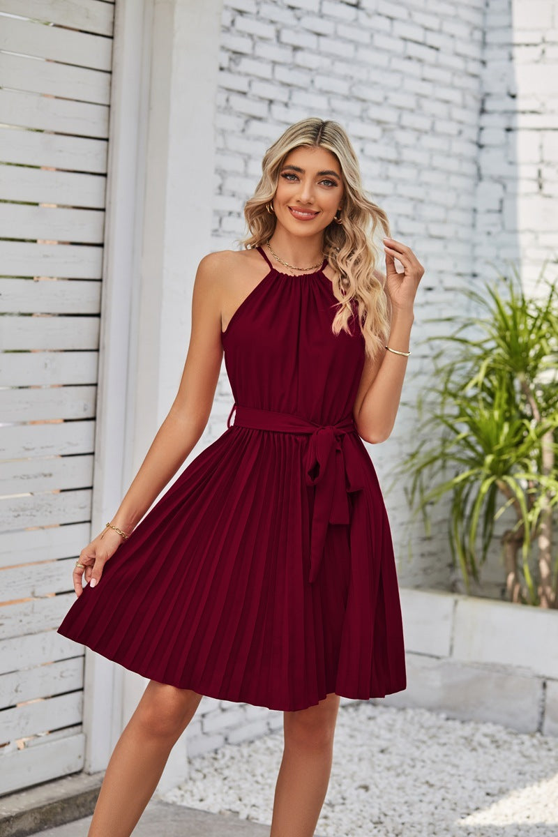 Hanging Neck Midi Dresses with Pleated Skirt for Women - Solid Color Summer Sundress