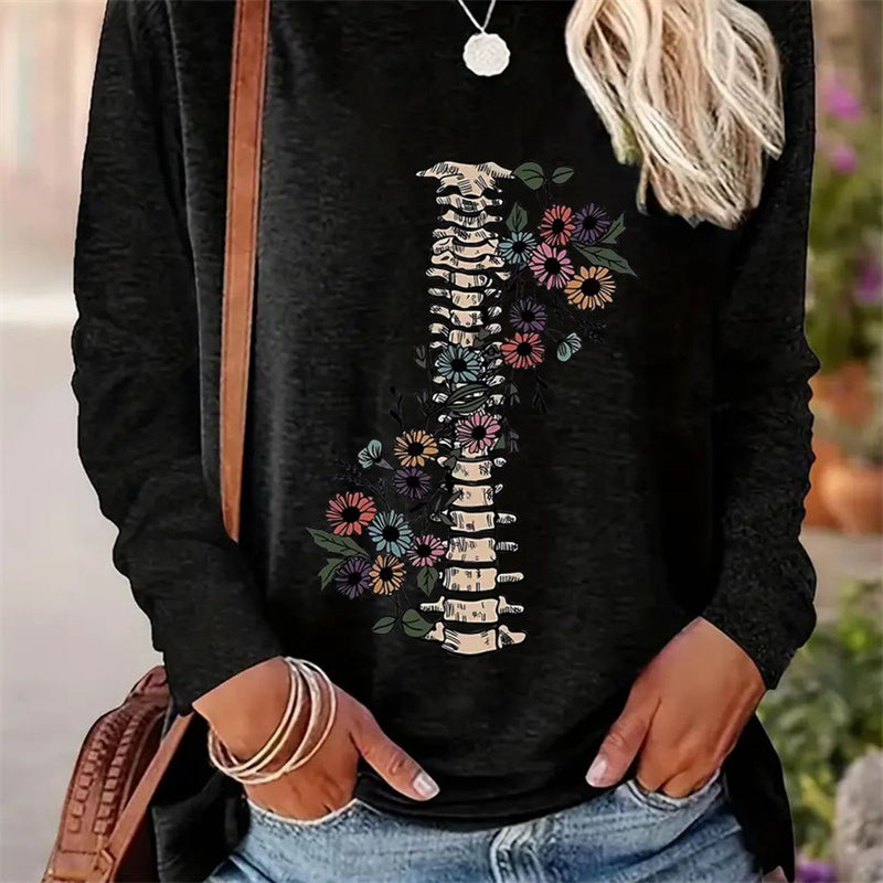 Lässiges Rundhals-Langarm-T-Shirt für Damen mit Frühlings- und Herbstmustern 