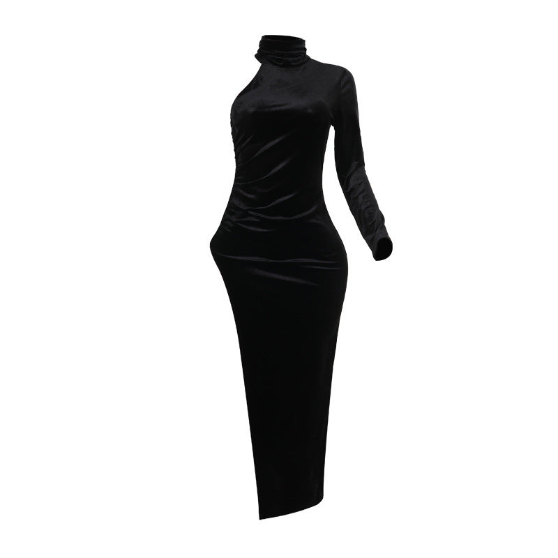 Damen Herbstmode Samt Langarmkleid