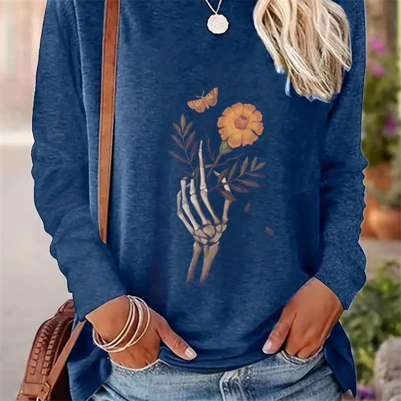 Lässiges Langarm-T-Shirt mit Rundhalsausschnitt und einfachem Frühlings- und Herbst-Print für Damen 