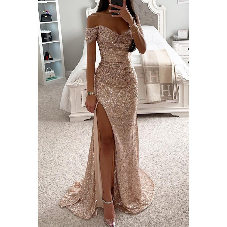 Shimmering Off-Shoulder Party Dress - Elegant Sequined Gown