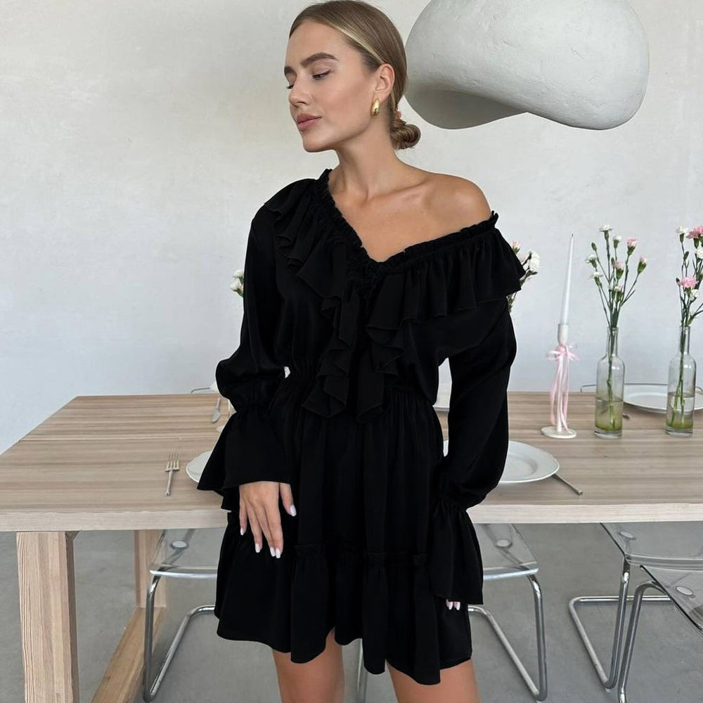 Chic V Neck Ruffled Long Sleeve Dress with Flared Sleeves - Y2K Style Women's Fashion