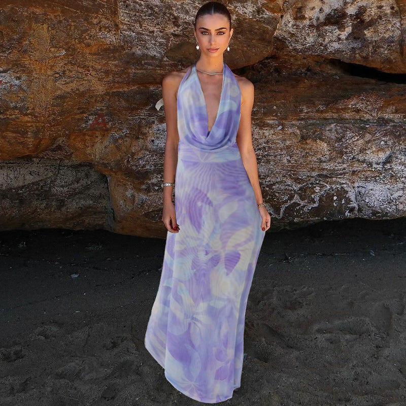 2 pezzi Tie Dye Stampa Scollo a V Profondo Abiti Moda Halter Backless Abiti Lunghi Per Festa in Spiaggia Abbigliamento Donna