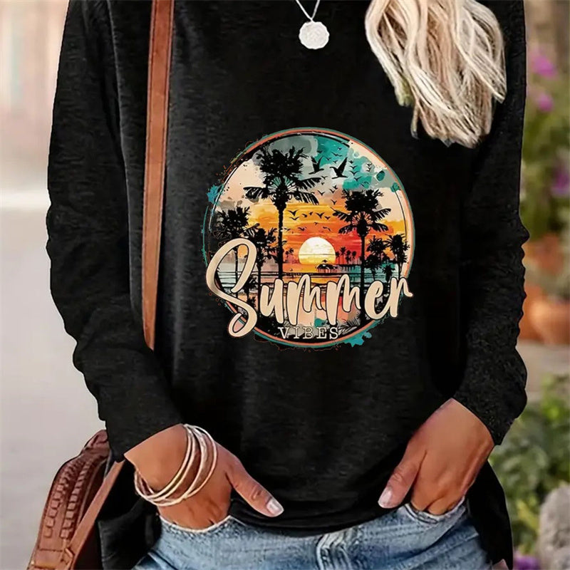 T-shirt casual stampata a maniche lunghe con scollo tondo per donna - Collezione primavera e autunno 