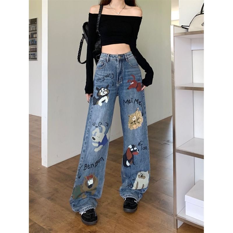 Retro High Street Graffiti Jeans mit weitem Bein für Damen