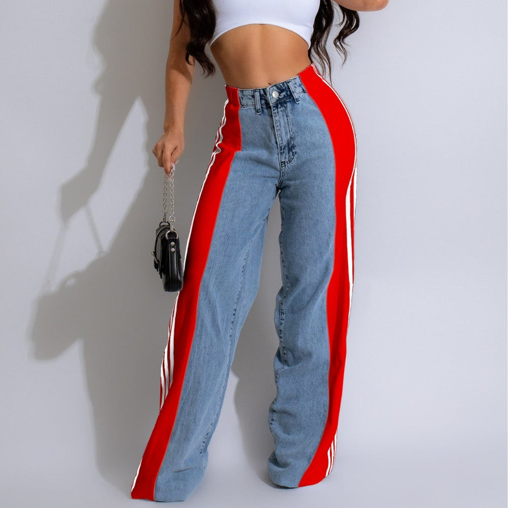 Trendy High Waist Elastic Straight Leg Denim Pants with Three Stripe Patchwork for Casual Streetwear