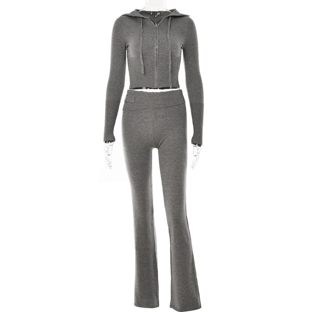 Chic Knitted Hooded Two-Piece Sets with High Waist Trousers - Stylish Long Sleeve Outfits for Women