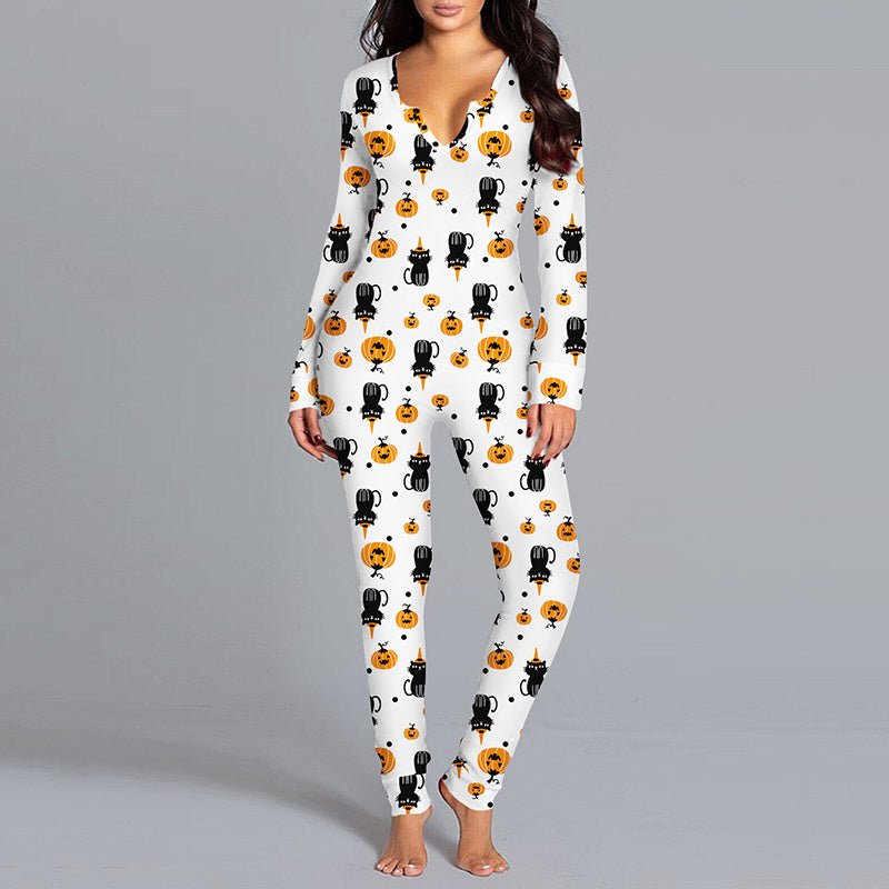 Halloween Themed Long Sleeve Jumpsuit - Women's Casual Pajama Set with Trousers