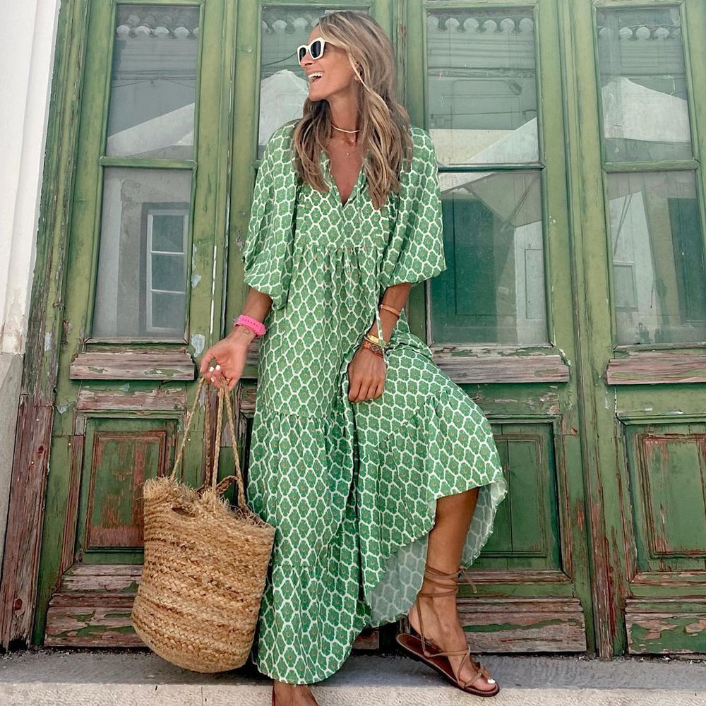 Chic Bohemian Floral Print V-Neck Summer Dress for Women - Elegant Casual Loose Short Sleeve Long Maxi Dress