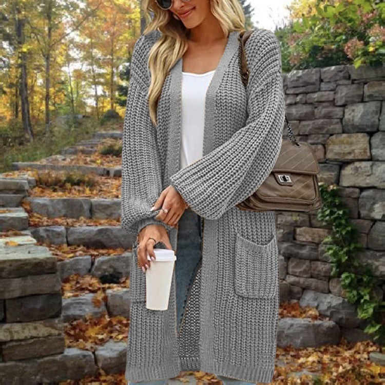 Loose-Fitting Lantern Sleeve Cardigan with Pockets for Women - Mid-Length Autumn/Winter Coat in Multiple Colors