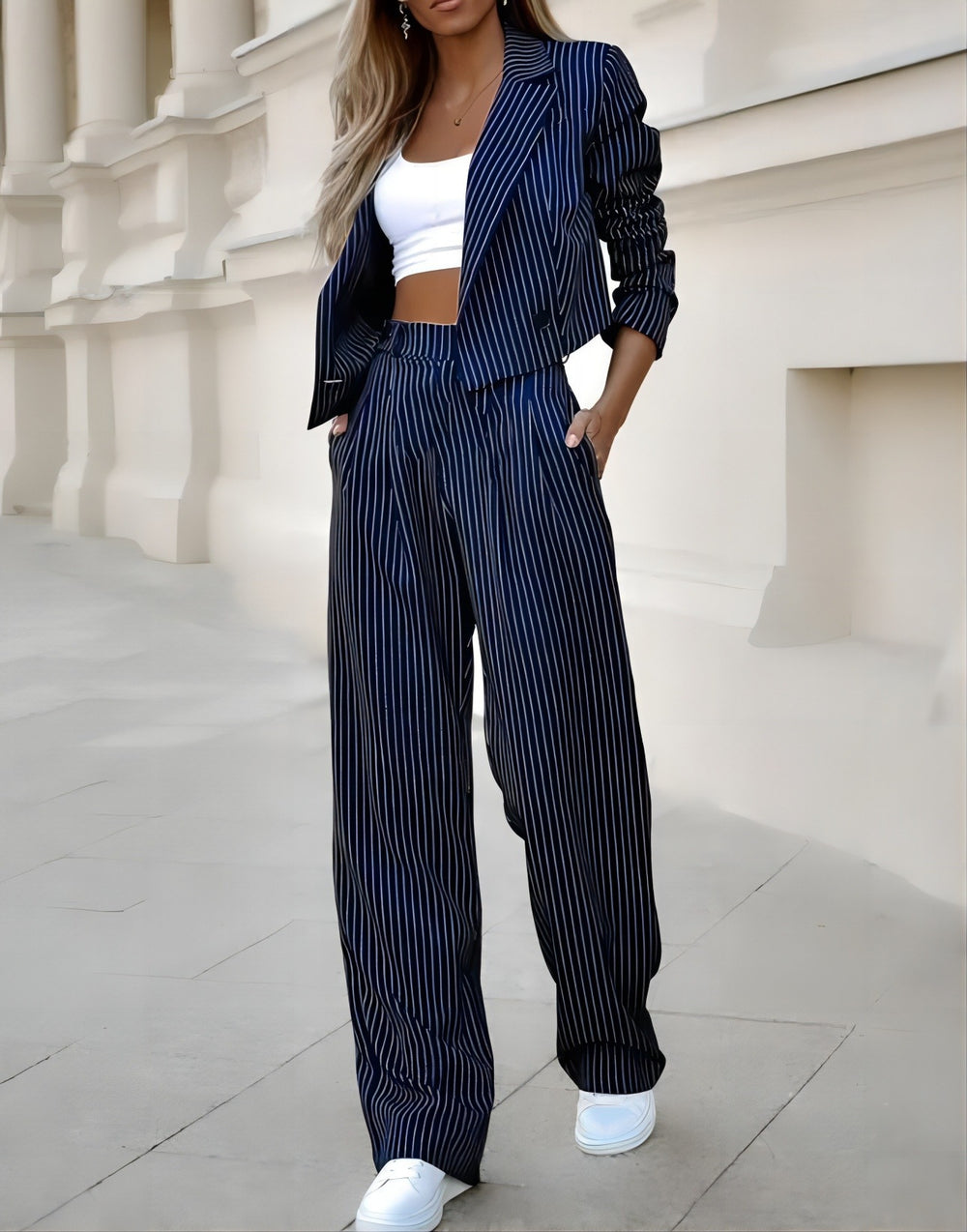 Chic Striped Two-Piece Set with Cropped Blazer and Tailored Pants for Women