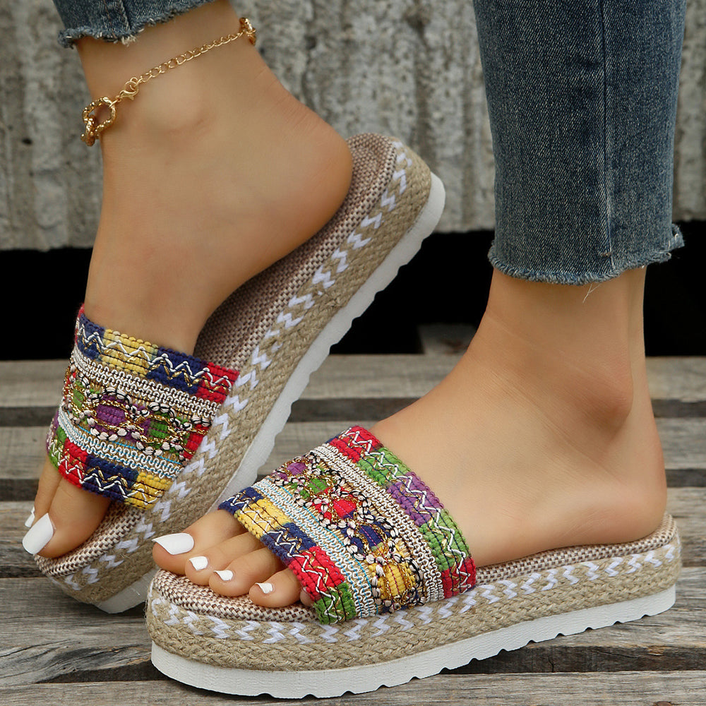 Summer Ethnic Inspired Women’s Slippers - Thick Sole Fish Mouth Sandals with Candy Colors and Hemp Rope for Beach Wear