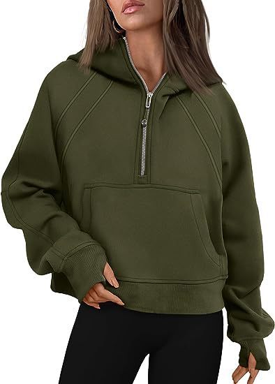 Felpa con cappuccio a maniche lunghe con cerniera e tasca anteriore - Pullover casual da donna per inverno e autunno