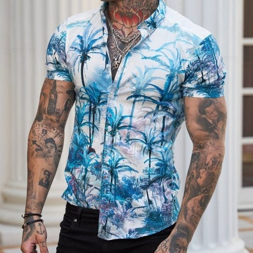 Tropical Floral Print Men's Aloha Shirt with Short Sleeves