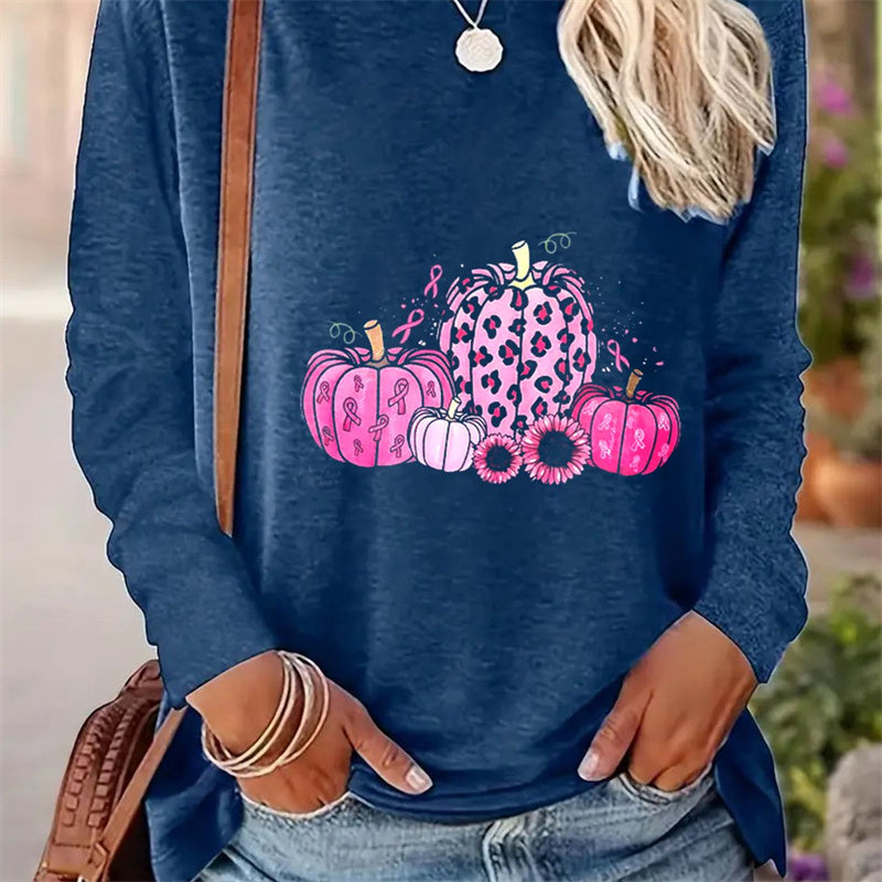 Lässiges bedrucktes Langarm-T-Shirt mit Rundhalsausschnitt für Damen – Frühlings- und Herbststil 