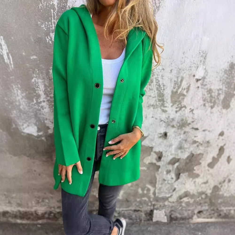 Trendy Loose-Fit Strickjacke mit Kapuze für Damen - Einfarbiger Stil für Frühling und Herbst