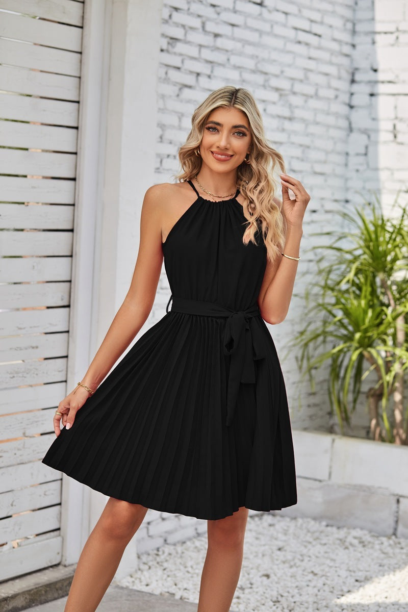 Hanging Neck Midi Dresses with Pleated Skirt for Women - Solid Color Summer Sundress