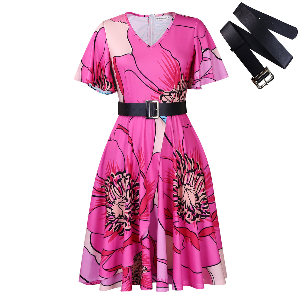 Elegant Plus Size Mid-Length Lace Printed Dress with Colorful Belts